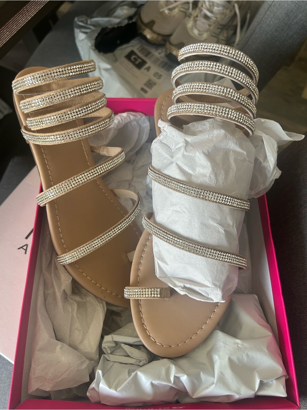 Shoe Dazzle Tan Rhinestone Multi-Strap Flat Sandals
